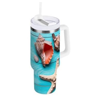 Imagem de ODAWA Copo a vácuo grande Starfish Seashells azul isolado com tampa e canudo com isolamento de queda
