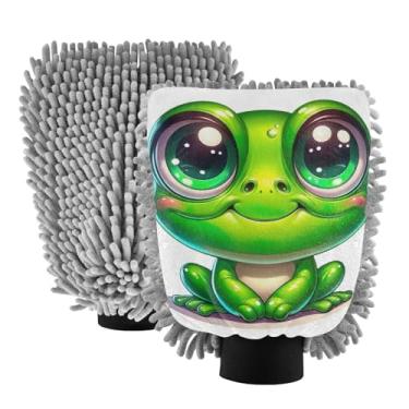 Imagem de ODAWA Luva de limpeza de carro de chenille absorvente, pacote com 2, desenhos animados sapo olhos grandes, 18 cm C x 26 cm L