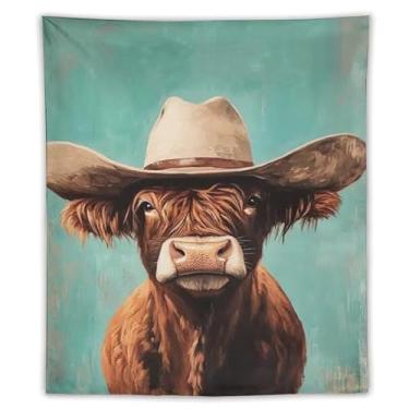 Imagem de Tapeçaria de parede de vaca Highland em chapéu de cowboy decoração rústica ocidental fundo azul-petróleo arte animal de fazenda para sala de estar quarto aconchegante estilo country decoração