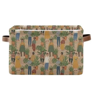 Imagem de Caixa de armazenamento dobrável com alças – caixas de armazenamento retangulares dobráveis de lona de 36 cm x 26 cm para prateleiras, home office vintage botânico, 1 pacote