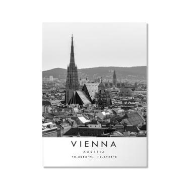 Imagem de Pôster de viagem preto e branco impressão paisagem da cidade do mundo pintura em tela Viena imagem de arte de parede decoração de casa (20 x 28 polegadas (50 x 70 cm), sem moldura)