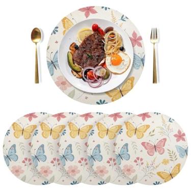 Imagem de Conjunto de 6 tapetes de mesa de jantar amarelos borboletas, 38 cm, à prova de calor, jogo americano de PVC, para mesa de jantar, mesa de cozinha