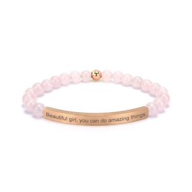 Imagem de cusurlove Pulseira feminina inspiradora de quartzo rosa, banhado a ouro 18K, joia de fé, bíblia religiosa cristã, presente para encorajamento, amor e força, Medium, Cristal, Sem Pedra Preciosa