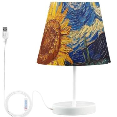 Imagem de TSENQUE Candeeiros de mesa modernos com desenhos animados personalizados USB reguláveis, girassóis e noite estrelada, lâmpadas decorativas de LED para quarto de crianças