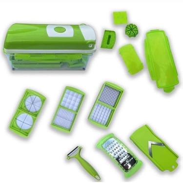 Imagem de Cortador Multifuncional de Vegetais com 7 Lâminas de Aço Inoxidável, Cesto de Drenagem 1.5L, Recipiente 2.0L, Descascador e Separador de Ovos, Verde, 32x12x12cm