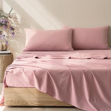 Imagem de JELLYMONI Jogo de cama King Size 4 peças algodão caramelo fácil de encaixar 40,6 cm bolso profundo 100% algodão lavado macio respirável (1 lençol com elástico, 1 lençol de cima, 2 fronhas)