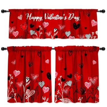 Imagem de Cortinas de cozinha para Dia dos Namorados, decorações para casa, dia dos namorados, cortinas de janela com bolso para varão, conjunto de camadas e saia para dia dos namorados, 137 x 45 cm, saia de 68