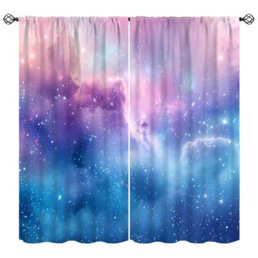 Imagem de Cortinas de céu estrelado para galáxia, espaço sideral brilhante sonhador gradiente romântico cortinas de janela para crianças meninas meninos adultos quarto berçário 106,7 cm L x 114,3 cm C (sem