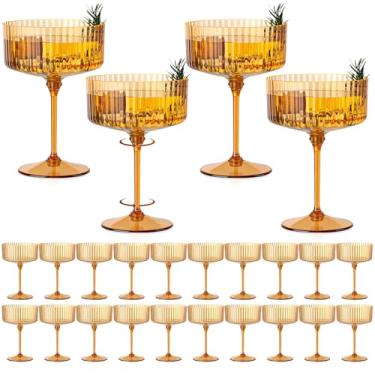 Imagem de HKSZEH 24 peças de copos de cupê canelados, de plástico âmbar, champanhe, copo de cupê, 283,5 g, borda dourada, removível, espresso, martini, copo vintage de margarita, copo de coquetel, descartável