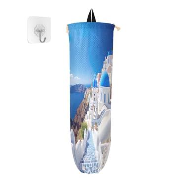 Imagem de Porta-saco de compras reutilizável para casa azul e branca, suporte de saco de plástico, bolsa de armazenamento de parede