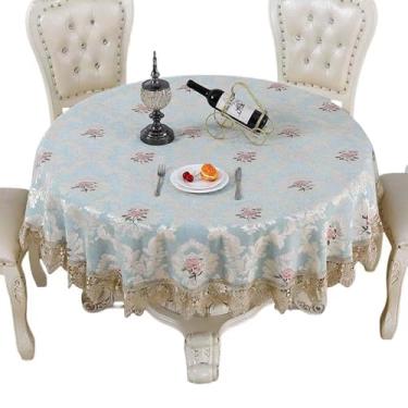 Imagem de Qubjus Toalha de mesa redonda floral bordada elegante com borda de renda, capa de mesa decorativa delicada para sala de jantar, festa e reuniões de férias (redondo - 91 cm, azul)