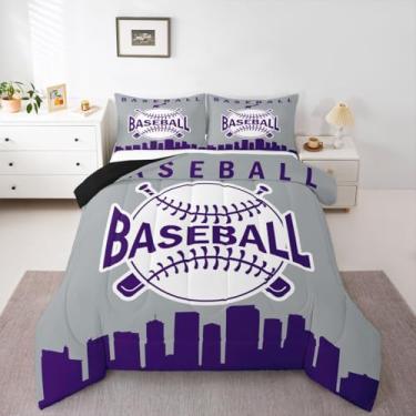 Imagem de Erosebridal Jogo de cama solteiro de beisebol cidade, conjunto de edredom de beisebol para meninos, jogos esportivos, silhueta de cidade americana, para quarto de crianças, adolescentes, adultos