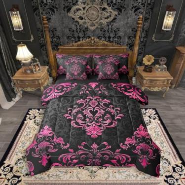 Imagem de Erosebridal Conjunto de edredom preto rosa choque gótico, tamanho solteiro, vintage, boêmio, damasco, floral, boêmio, exótico, gótico, para meninas e adolescentes, conjunto de lençol com flores