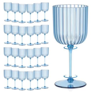 Imagem de 24 peças de taças de vinho com nervuras de plástico 325 ml cálice de vinho destacável azul inquebrável vintage ondulado copos de água para coquetéis, festas, casamentos, piscina, ao ar livre