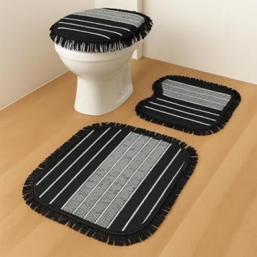 Imagem de Kit Tapete de Banheiro 3 Peças Algodão Macio Antiderrapante Decoração para Banheiro (PRETO-LISTRADINHO-B)