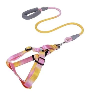 Imagem de Coleira e Guia com Amortecedor e Pegador Peitoral Ajustável Para Pets Cachorros e Gatos Colorido Leve E Fácil De Transportar Elegante E Prático(Amarelo Rosa,S)