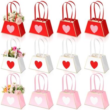 Imagem de Tinlade 12 caixas de flores de coração para arranjos com alça, papel kraft, buquê de flores, bolsa de presente, impermeável, porta-buquê floral, para dia dos namorados, festa de casamento, florista