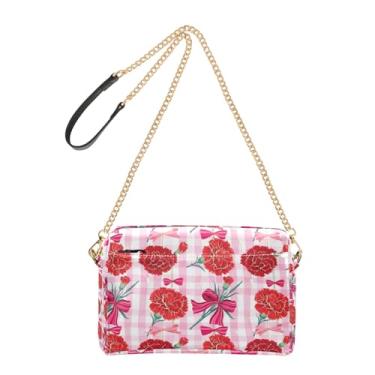 Imagem de Joitme Bolsa feminina tiracolo vermelha cravos florais rosa dia dos namorados bolsa para celular bolsa de couro PU bolsa de ombro alça de corrente