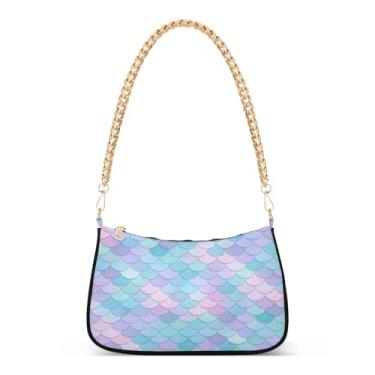 Imagem de Bolsa de ombro iridescente pastel sereia escamas de corrente azul, bolsa feminina Hobo, bolsa média elegante para uso diário e festa