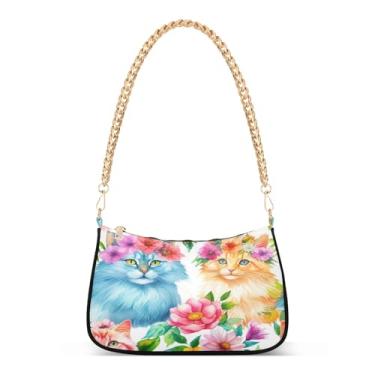 Imagem de Bolsa de ombro com estampa animal de gatos azuis e laranja, bolsa feminina Hobo Tote Clutch para uso diário e festa