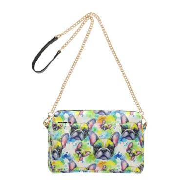 Imagem de Joitme Bolsa feminina colorida para buldogue francês, bolsa tiracolo para celular, linda bolsa de ombro de couro sintético com alça de corrente