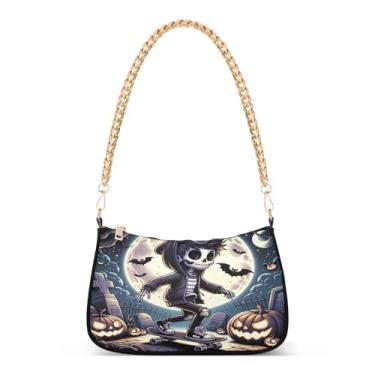 Imagem de Bolsa de ombro com corrente de esqueleto legal de desenho animado de Halloween, bolsa Hobo feminina com grande capacidade e estampa moderna para uso diário ou festa
