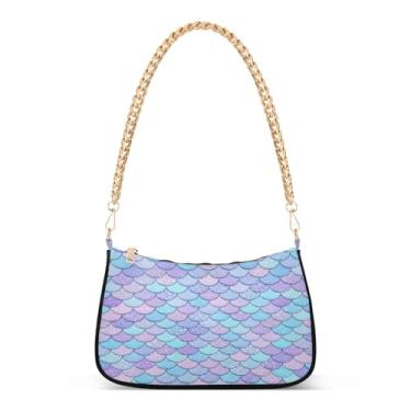 Imagem de Bolsa de ombro com escamas de sereia pastel, bolsa de mão Hobo média moderna para mulheres, bolsa clutch estilosa para todos os dias ou à noite