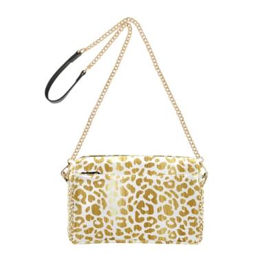 Imagem de Joitme Bolsa tiracolo feminina de ombro para celular, bolsa de ombro chique de leopardo dourado com manchas de leopardo branco PU com alça de corrente