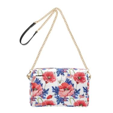 Imagem de Joitme Bolsa feminina branca floral vermelha com folhas azuis bolsa tiracolo de couro PU com alça de corrente bolsa de telefone fofa
