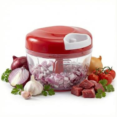 Imagem de Mini Processador de Alimentos Turbo Vermelho Manual 500ML - Liquidificador Portátil - Triturador Alho, Temperos, Carne e Legumes - 3 Lâminas Aço Inoxidável