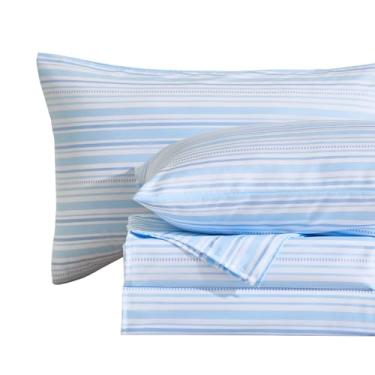 Imagem de MCO Conjunto de lençóis listrados de 4 peças, Queen respirável com bolso profundo de 41 cm, moderno e luxuoso, conjunto de cama de microfibra escovada (Queen, azul)