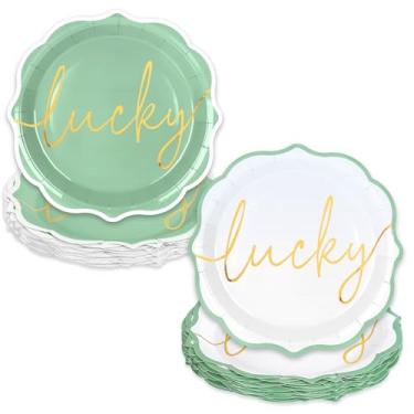 Imagem de Whaline 30 peças de pratos de papel do dia de São Patrício, pratos descartáveis, folha dourada, verde menta, branco, prato de jantar da sorte para festas, utensílios de mesa, decoração de mesa, 23 cm