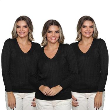 Imagem de Kit 3 Blusas Suéter Feminino Tricot Trançado Gola V Inverno - Gip Ecom