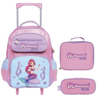 Imagem de Kit Mochila Rodinha Lancheira Estojo Infantil Escolar Menina Ariel Peq