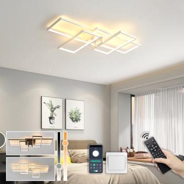 Imagem de Luminária de teto moderna para sala de estar, com LED dimerizável, controle remoto e ajuste de altura. Ideal para quarto, escritório, cozinha e sala de jantar (branca, 80 cm de comprimento).