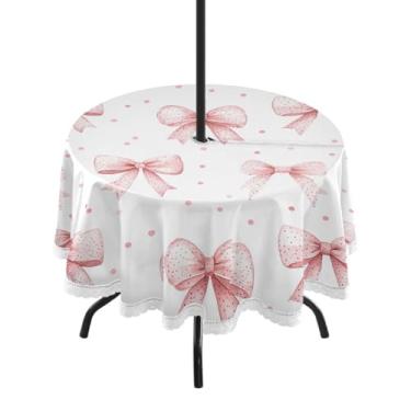 Imagem de Wassud Toalha de mesa redonda para uso ao ar livre com guarda-chuva, laços e pontos, toalhas de mesa de pátio de 152 cm para aniversário, casa de fazenda, cozinha