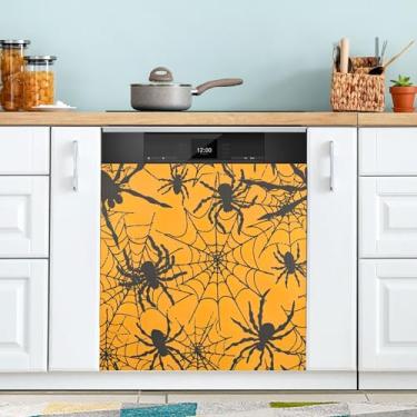 Imagem de xigua Capa magnética de teia de aranha de Halloween, adesivos magnéticos decorativos antiarranhões para painel de geladeira e lava-louças, decoração personalizada de cozinha doméstica 58 x 66 cm