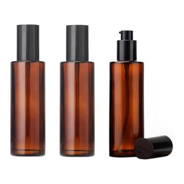 Imagem de 3 frascos de loção de vidro âmbar vazios de 60 ml/56.7 g Dispensador de frascos de cosméticos de viagem recarregáveis com tampas pretas para base, soro, removedor de maquiagem, cuidados com a pele
