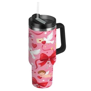 Imagem de ATTX Copo de 1,134 g Dia dos Namorados Red Bows com alça, copo de aço inoxidável a vácuo de parede dupla com palha, caneca de café de viagem isolada #344