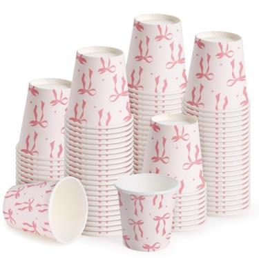 Imagem de WRAPAHOLIC Copos de papel de 85 g – Pacote com 100 copos de banheiro descartáveis com design de laço rosa, pequeno copo para enxaguante bucal para enxágue de escova de dentes, banheiro doméstico