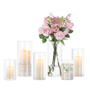 Imagem de Hewory Castiçais de vidro Hurricane: 6 peças de castiçais de furacão transparentes para velas flutuantes de pilar, cilindro de vidro para centros de mesa de centro de mesa, festa de casamento