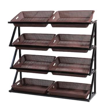 Imagem de Rack de exibição de vegetais e frutas de 109 cm de altura - Organizador de cesta de armazenamento comercial para lanches, batatas, cebolas e produtos - Prateleira de loja de conveniência verde