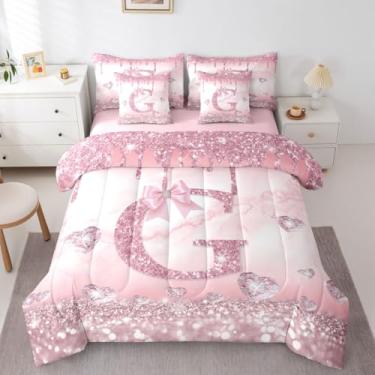Imagem de Erosebridal Conjunto de edredom de 7 peças com laço rosa, solteiro, alfabeto coquete, para crianças, adolescentes, letras, laço e lençóis, moda