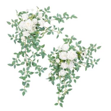 Imagem de Angela Flower 2 peças de mesa de centro de mesa de casamento flores artificiais placas de boas-vindas arranjos de vegetação rosa branca guirlanda de eucalipto coração recepção decoração de casa