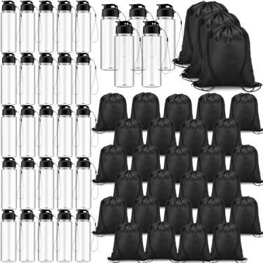 Imagem de Skybooly Conjunto de 60 garrafas de água de plástico de 500 ml e mochila com cordão, 30 garrafas de água de plástico reutilizáveis, 30 garrafas de água esportivas, academia, academia, viagem, (preto)