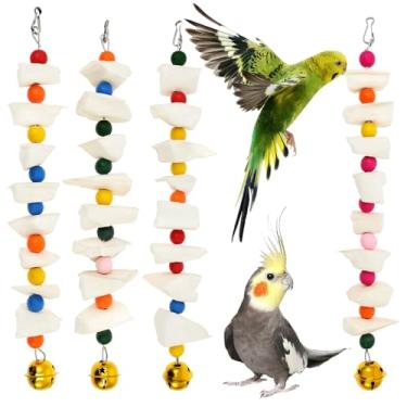 Imagem de Tcwhniev Pacote com 4 espinhas de choco para pássaros, brinquedos de periquito, gaiola de pedra de moagem de bico de papagaio, brinquedos de pássaros para periquito, osso de choco para periquitos