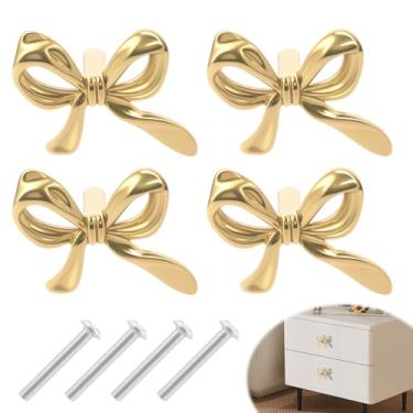 Imagem de Tcwhniev 4 maçanetas de cômoda em forma de laço de latão, puxadores de laço dourado para cômoda, puxador decorativo de gaveta, puxador de armário, puxador decorativo para armário de cozinha em casa