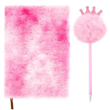 Imagem de Biiange Conjunto de caderno de pelúcia, diário de pelúcia com flor de rosa fofa, caderno de escrita forrado A5, 80 páginas (1 conjunto rosa rosa)