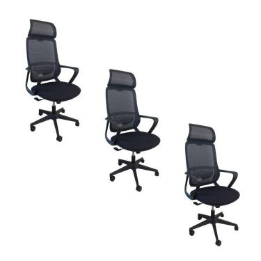Imagem de Kit 3 Cadeiras De Escritório Presidente Ergonômica Oficial Corporativa Vinci Apoio Nuca