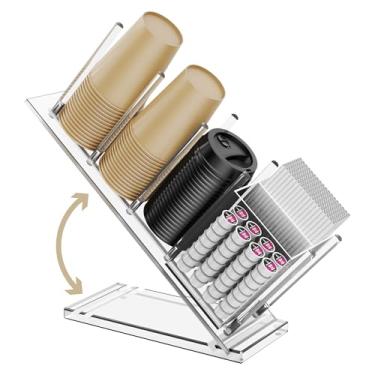 Imagem de Suporte de copo e tampa transparente de acrílico, organizador de copo de café com 4 compartimentos ajustáveis e 1 cesta de armazenamento removível para copos de papel e plástico, cápsulas de café